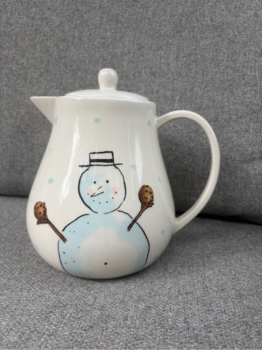 M stamped Ceramic Snowman Pitcher Teapot White and Light Blue